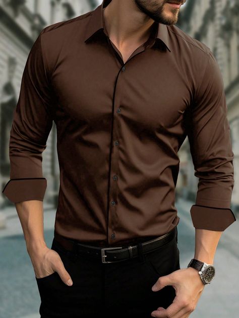 Brown Casual Collar Long Sleeve Fabric Plain Shirt Embellished Slight Stretch  Men Clothing Shirt Combination Men, Formal Dresses For Men, Mens Smart Casual Outfits, Mens Business Casual Outfits, Shirt Outfit Men, Formal Men Outfit, Classy Outfits Men, Smart Casual Men, Men Fashion Casual Shirts