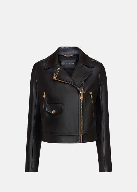 Versace Safety Pin Nappa Leather Jacket for Women | US Online Store Versace Safety Pin, Versace Leather Jacket, Neutral Jacket, Leather Jacket For Women, Faux Leather Jacket Women, Versace Jacket, Ladies Coat Design, Luxury Clothes Men, Versace Home