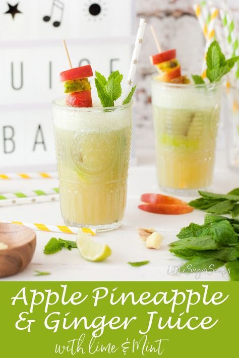 Apple Pineapple & Ginger Juice with Mint & Lime #applegingerjuice #pineapplegingerjuice #gingerjuice #gingerdrink Juicing Recipes With Mint, Medicinal Drinks, Pineapple Ginger Juice, Light Summer Recipes, Mint Juice, Immunity Shots, Frozen Drink Recipes, Champagne Recipes Cocktails, Pineapple Benefits