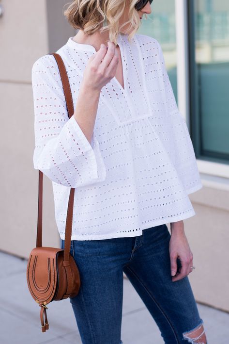 white eyelet top with bell sleeves Clothes For Women Pakistani, White Eyelet Top, Cotton Tops Designs, Straight A, Top With Bell Sleeves, Vest Outfit, Fancy Tops, Fashion Tops Blouse, Eyelet Top