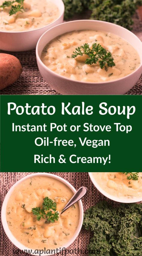 Get ready to grab a spoon and dip it into this creamy Potato Kale Soup! This warm, hearty bowl is oil free, vegan, and oh, so good! It cooks quickly in the Instant Pot or on the stove top, making it perfect for busy nights. Alkaline Soups, Potato Kale Soup, Chef Aj, Vegan Potato Soup, Most Nutrient Dense Foods, Oil Free Vegan Recipes, Vegan Instant Pot Recipes, Quick Soup, Alkaline Recipes