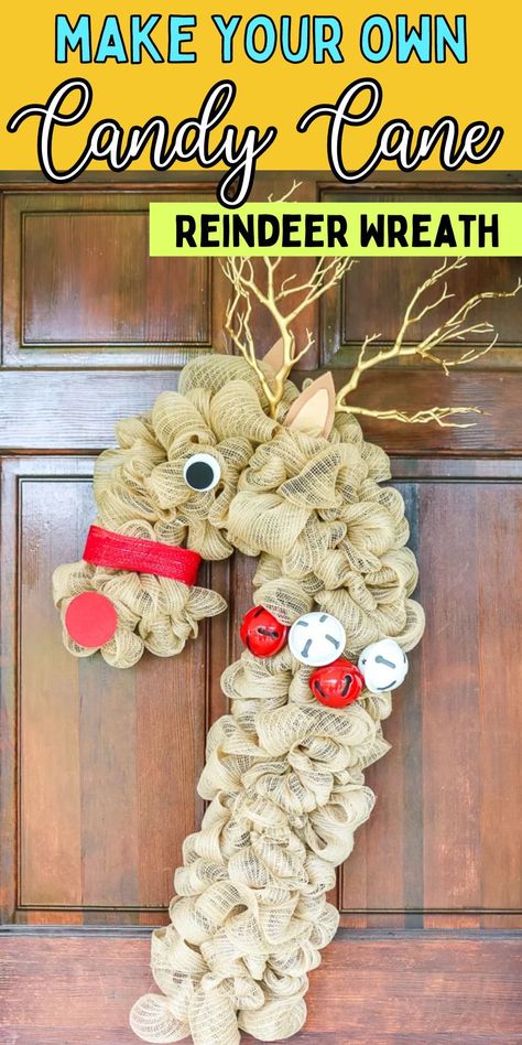 Reindeer Wreath Burlap, Reindeer Wreaths Diy, Reindeer Wreath Diy, Diy Candy Cane Wreath, Candy Cane Wreath Tutorial, Candy Cane Wreath Diy, Fun Christmas Wreaths, Diy Candy Cane, Diy Reindeer