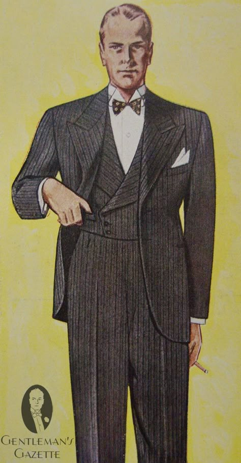 The classic take on 1930s tailoring - a supremely high waisted trouser, double-breasted waistcoat, flowing shape and broad shoulders and lapels on the jacket. 1930s Men, Vintage Men's Fashion, 1930 Fashion, 1930's Fashion, Vintage Menswear, Mens Fashion Style, Classic Menswear, Vintage Mens Fashion, History Of Fashion