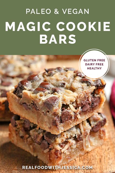 These Paleo Magic Cookie Bars are a healthier version of the classic dessert. A shortbread crust topped with shredded coconut, chopped pecans, chocolate chips and a homemade sweetened condensed milk poured on top. They are gluten free, dairy free, naturally sweetened with a vegan option. Homemade Sweetened Condensed Milk, Magic Cookie Bars, Paleo Cookies, Paleo Recipes Dessert, Paleo Baking, Paleo Sweets, Shortbread Crust, Oreo Dessert, Gluten Free Dairy Free Recipes