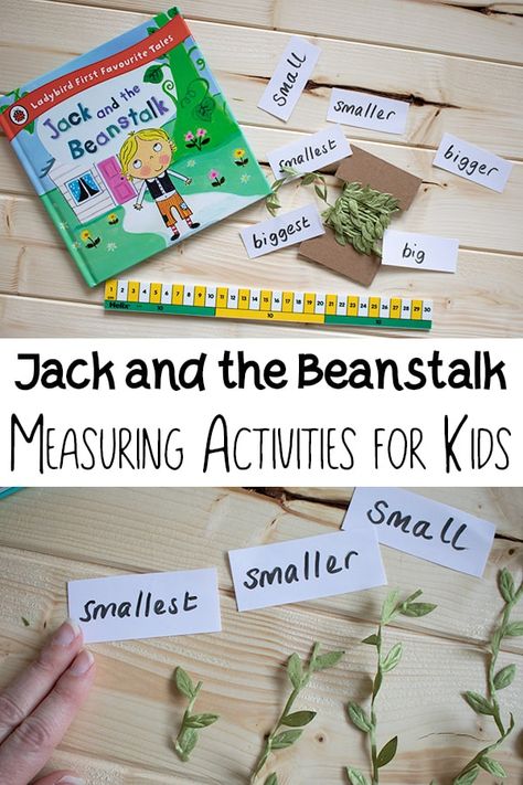 Simple and easy to set up math activities focusing on measuring inspired by Jack and the Beanstalk.    Preschool and early years measuring activities working on sorting and ordering as well as using standard and non-standard units to measure Jack's Beanstalks.    #eyfsmaths #ecemath #mathcenter #mathscentre #preschoolmaths #preschoolmath #homeschoolmath #homeeducation #homeeducator via @rainydaymum Jack And The Beanstalk Preschool, Jack And The Beanstalk Eyfs, Eyfs Jack And The Beanstalk, Measuring Activities, Bean Stalk, Fairy Tales Preschool, Fairy Tale Activities, Toddler Math, Early Years Maths