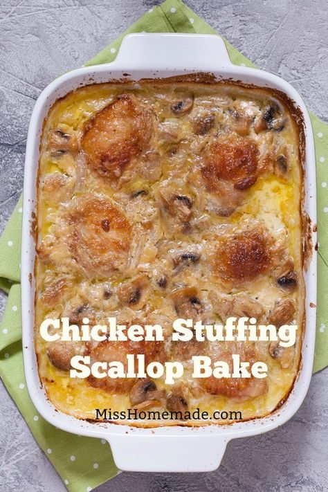 File this chicken scallop recipe under family favorites.  It is a chicken and stuffing bake in a thick mushroom sauce that is divine. #misshomemade Scalloped Chicken Casserole, Scalloped Chicken, Chicken And Stuffing Bake, Casseroles Beef, Easy Dinner Recipes Chicken, Leftover Chicken Recipes Easy, Savory Cookies, Scallop Recipe, Quick Easy Dinner Recipes