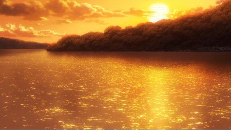 ☆**this is an animated gif~ please click to see the animation!** glowing sunset over a serene lake anime scenery, sparkling water reflection under the setting sun, beautiful realistic animation anime scenery gif Nature Anime Gif, Anime Landscape Gif, Orange Gif, Scenery Gif, Landscape Gif, Yellow Gif, Sun Gif, Sunset Gif, Yellow Anime