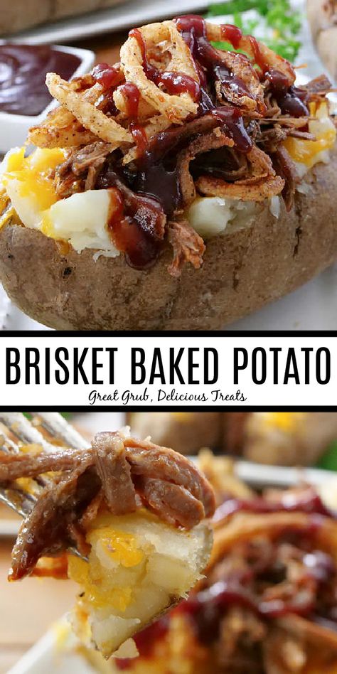 Brisket Baked Potato, Brisket Bbq Sauce, Potato Delight, Fluffy Baked Potatoes, Baked Potato Dinner, Onion Strings, Baked Potato Recipe, Stuffed Baked Potatoes, Beef Brisket Recipes