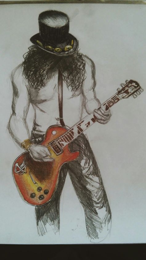 Rock And Roll Sketch, Drawing Ideas Rock N Roll, Rock Music Art Drawing, Rock N Roll Drawings, Rock And Roll Drawings, Rock Music Drawing, Guitarist Sketch, Slash Drawing, Gazelle Tattoo