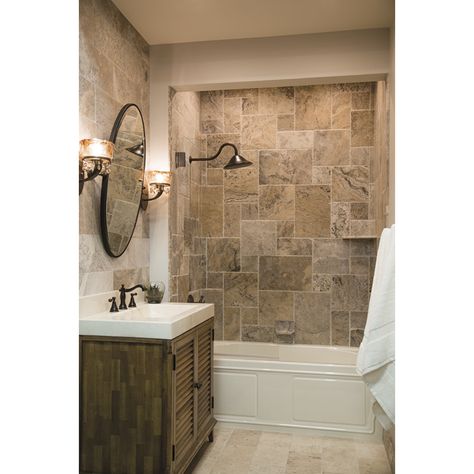 Claros Silver Bullnose Travertine Wall Tile Trim - 2 x 12 in. Brown Tile Bathroom, Stone Tile Bathroom, Travertine Wall, Small Half Bathroom, Travertine Bathroom, Silver Travertine, Travertine Wall Tiles, Stone Shower, Bathroom Shower Walls