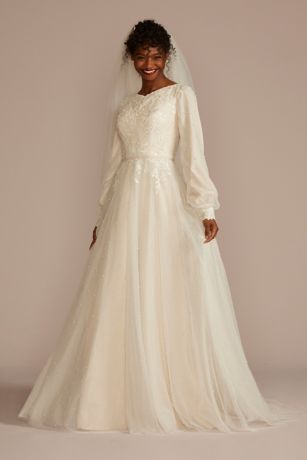 Long Sleeve Pearl Tulle Modest Wedding Dress | David's Bridal Conservative Wedding Dress, Modest Wedding Dress, Davids Bridal Wedding Dresses, Gold Wedding Dress, Cheap Wedding Dresses Online, Weddings By Color, Oleg Cassini, China Dress, Modest Wedding