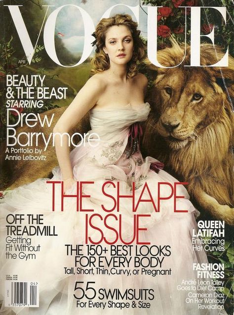 Beauty and the Beast I US Vogue I April 2005 I starring Drew Barrymore I Editor: Grace Coddington I Photographer: Annie Leibovitz. Cover Magazine, Vogue Magazine Covers, Magazine Vogue, Vogue Archive, Fashion Magazine Cover, Annie Leibovitz, Queen Latifah, Vogue Us, Vogue Beauty