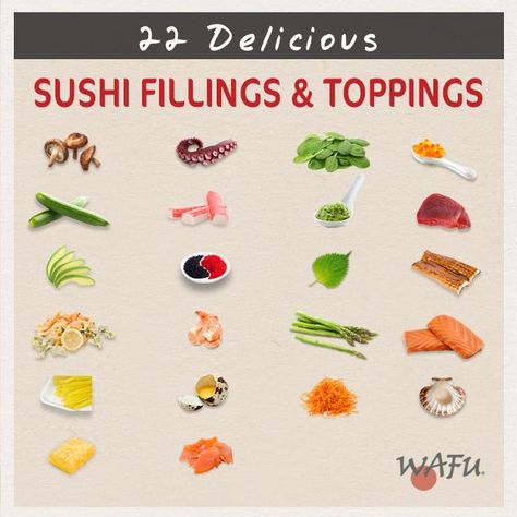 Sushi fillings Sushi Ingredients List, Recipes Sushi, Making Sushi At Home, Types Of Sushi Rolls, Sushi Fillings, Cooking Sushi, Sushi Ingredients, Sushi Recipes Homemade, Making Sushi