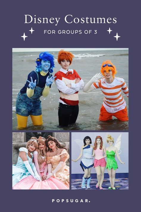 These Disney Halloween Costumes Are a Perfect Fit For Groups of 3! Trio Disney Characters Costumes, Disney Costumes For 3 People, Disney Group Costumes For 3, 3 Person Disney Costumes, Disney Costumes For Groups, Trio Disney Characters, Disney Trio Halloween Costumes, Disney Character Trios, Trio Disney Costumes