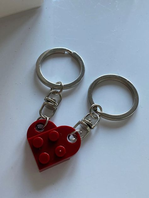 Lego Keychain Couple, Cute Couple Keychains, Lego Heart Keychain, Lego Keychain, School Memories Scrapbook, Couple Keychains, Memories Scrapbook, Couples Keychains, Besties Forever Handmade Keychains Diy, Lego Couple, Couples Crafts, Keychain For Couples, Lego Keychain, Lego Heart, Leather Keychain Diy, Couple Keychains, Keychains Diy