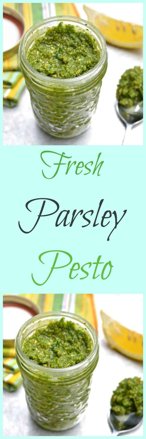 This fresh parsley pesto is such an easy and tasty recipe that is made with cashews and is dairy free. This pesto is vegan, Whole30, keto and paleo. #pureandsimplenourishment #pesto Pesto Uses, Pesto Dishes, Paleo Condiments, Pesto Recipes, Parsley Recipes, Paleo Sauces, Parsley Pesto, Sauce Pesto, Fun Adventures