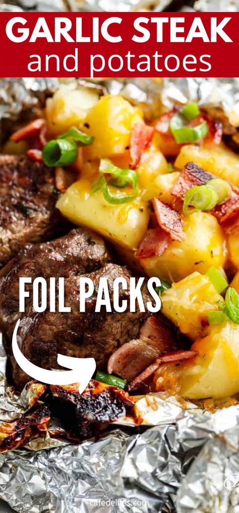 Easy Camping Food, Cheesy Bacon Potatoes, Foil Packet Potatoes, Foil Pack Dinners, Garlic Steak, Foil Pack Meals, Foil Dinners, Foil Packs, Foil Packet Meals