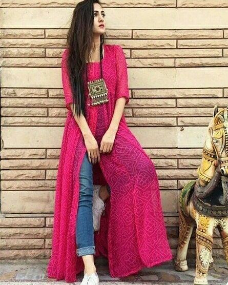 33 Likes, 1 Comments - LabelSasha (@labelsasha) on Instagram: “Our BESTSELLER is back ❤️ Place order now . Delivery starts after april 15. . #bandhej #bandhani…” Long Kurti With Jeans, Long Kurta Designs, Jaipuri Print, Kurti With Jeans, Long Kurta, Designer Kurti Patterns, Long Kurti Designs, Casual Indian Fashion, A Line Kurta