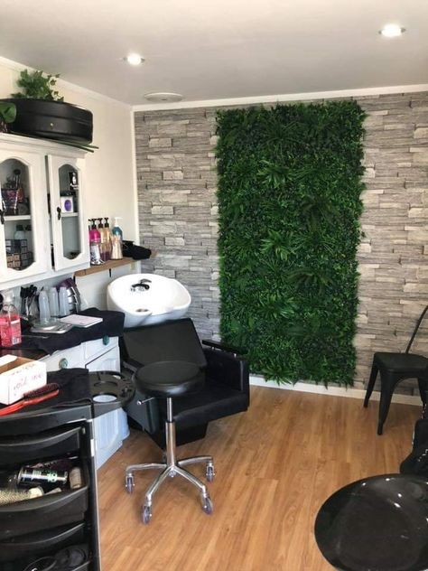 Parlour Decoration Ideas, Small Beauty Parlour Interior Design, Hair Salon With Black Walls, Small Hair Salon Brick Wall, Grass Wall Hair Salon, Green Barber Shop, Salon Backbar Ideas Shampoos, Small Salon Suite Ideas Interior Design, Hair Salon And Barber Shop In One