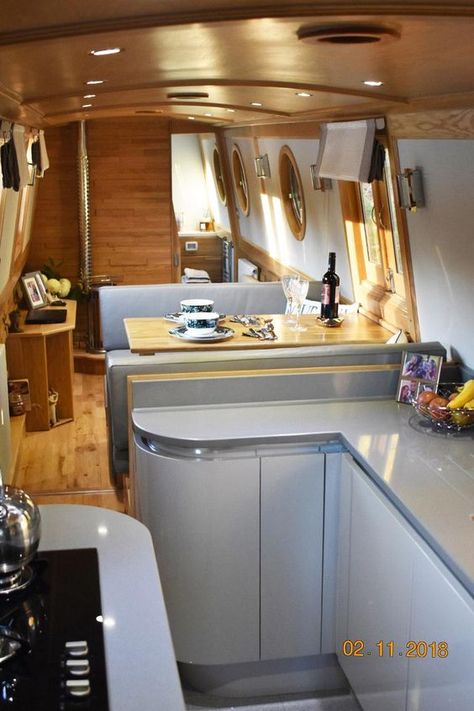 Narrowboat Kitchen, Canal Boat Interior, Barge Boat, Narrowboat Interiors, Canal Barge, Boat Interior Design, Boat House Interior, Narrow Boats, Interior Deisgn