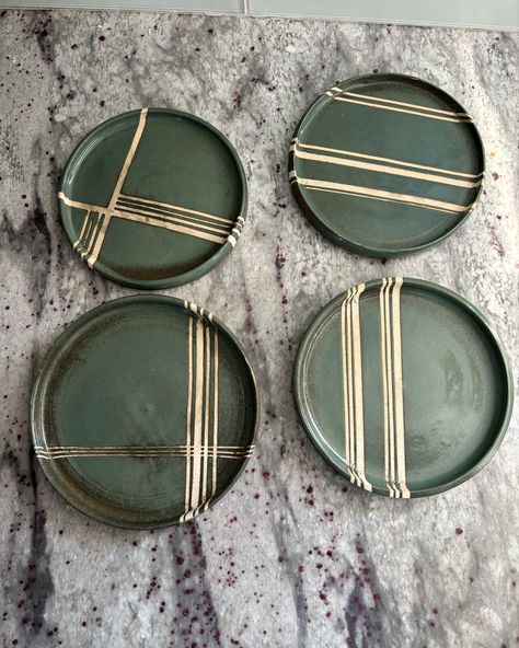 Take home a single plate or take home the entire set. They are all roughly 7 inches in diameter. Handthrown with stoneware clay and glazed in "Seaworld". Each plate has a different line pattern created with tape resist. This also creates a texture difference so you can feel both the smooth glaze finish and the slight roughness of raw ceramic. Hand Built Ceramic Plates, Handmade Pottery Plates, Coasters Ceramic, Restaurant Plates, Clay Patterns, Clay Box, Clay Glaze, Pottery Inspo, Clay Plates