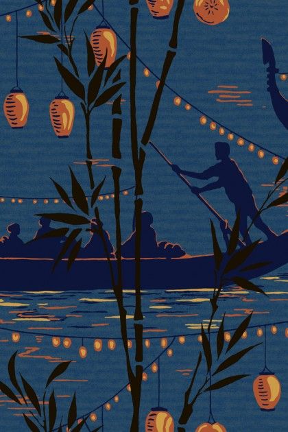 Cole & Son - Frontier Collection - Gondola Wallpaper - Wallpaper & Decor Lantern Wallpaper, Asian Wallpaper, Mulberry Home, Cole And Son Wallpaper, Asian Homes, Asian Home Decor, English Design, Wallpaper Decor, Petrol Blue