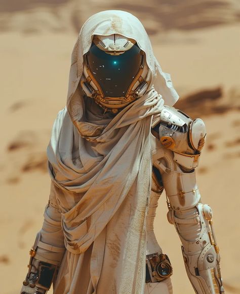 The image shows a person in a futuristic desert suit. The suit is white and gold, and it covers the person's entire body. The person is wearing a helmet with a blue visor, and they have a scarf wrapped around their neck. They are standing in a sandy desert, and there are large rocks in the background. Futuristic Desert Fashion, Space Suit Concept Art, Futuristic Space Suit, Dune Fashion, Future Mask, Sandy Desert, Desert Outfit, Space Western, Kai Arts