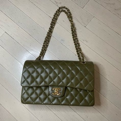 CHANEL Classic Quilted Medium Double Flap Handbag.  Color: Khaki Chanel Reissue, Chanel Double Flap, Chanel Flap Bag, Fall Color, Classic Flap, Khaki Green, Color Khaki, Chanel Handbags, Flap Bag