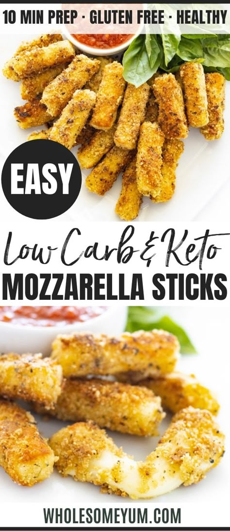 Low Carb Keto Mozzarella Sticks Recipe - A low carb keto mozzarella sticks recipe with a crispy outside and gooey, cheesy inside? YES! Keto cheese sticks need just 6 ingredients - super easy! #wholesomeyum #keto #lowcarb #appetizer #ketoappetizer #lowcarbappetizer #lowcarbsnack Keto Cheese Sticks, Keto Mozzarella Sticks, Mozzarella Sticks Recipe, Easy Low Carb Snacks, Keto Cheese, Low Carb Appetizers, Low Carb Sides, Mozzarella Sticks, Cheese Sticks