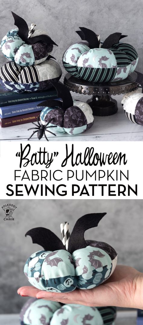 Create a fun stack of fabric pumpkins for Halloween with our free "batty" pumpkin sewing pattern. Pumpkin Sewing Pattern, Pumpkin Sewing, Halloween Sewing Crafts, Halloween Sewing Patterns, Creepy Crafts, Pumpkin Patterns Free, Halloween Fabric Crafts, Pumpkins For Halloween, Halloween Sewing Projects