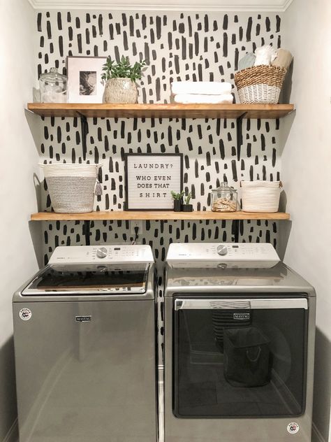 AFFORDABLE & EASY DIY LAUNDRY ROOM MAKEOVER Laundry Room Boho Decor, Laundry Room Ideas No Cabinets, Diy Shelf Laundry Room, Laundry Room Cheap Makeover, Small Laundry Room Open Shelving, Small Laundry Room Ideas Wire Shelves, Diy Home Renovations On A Budget Farmhouse Style, Small Laundry Room With Shelves, Boho Small Laundry Room