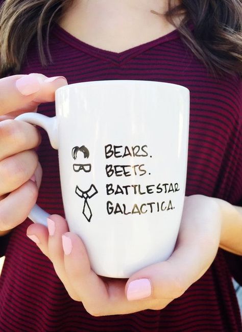 Bears | Beets | Battle Star Galactica | The Office | Dwight | Jim | Mug The Office Mug, The Office Mugs, Bears Beets Battlestar Galactica, Battlestar Galactica, Funny Mug, Mug Design, Cute Mugs, Mug Shots, Cups And Mugs