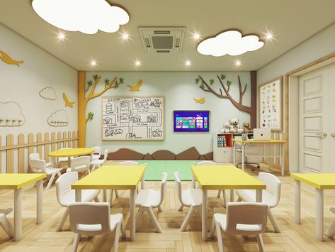 ENGLISH CENTRE FOR KIDS on Behance Kids Classroom Interior, Kindergarten Classroom Interior, Kindergarten Interior Design Classroom, Education Design Interior Classroom, Nursery Kindergarten Interior Design, Primary School Interior Design, Play School Interiors Kindergarten, Kids Ministry Rooms, Education Design Interior