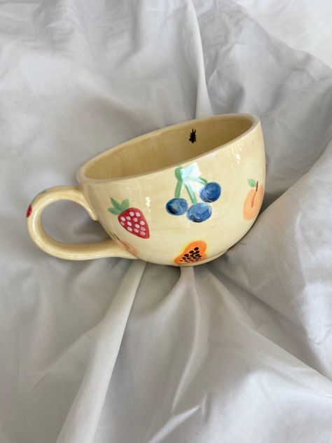 #pottery #painting #paintingpottery #dishitout #matildadjerf #djerfavenue #aestheticfruit Pottery Jar Painting, Cute Pottery Aesthetic, Fall Pottery Ideas Painting, Painted Mug Aesthetic, Pottery Painting Instagram Story, Pottery Inspiration Aesthetic, Color Me Mine Vase Ideas, Coquette Ceramic Ideas, Vintage Pottery Painting