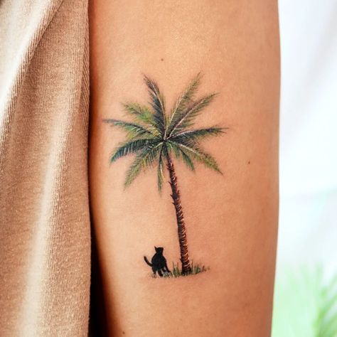 Hawian Tattoo Designs, Palm Tree Cactus Tattoo, Palm Tree Tattoo Forearm Women, Micro Palm Tree Tattoo, Palm Tree Moon Tattoo, Florida Tattoo Ideas, Small Palm Tree Tattoo, Palm Tree Tattoo Ideas, Coastal Tattoos