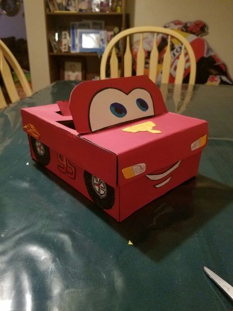 Lightning McQueen Valentine Box Disney Valentine Boxes For Kids, Decorated Valentine Boxes, Cars Valentine Box Ideas, Lightning Mcqueen Valentines Boxes, Lightning Mcqueen Crafts, Lightning Mcqueen Gifts, Lightning Mcqueen Valentines, Valentines Shoe Box Ideas For Boys, Car Valentine Box Ideas