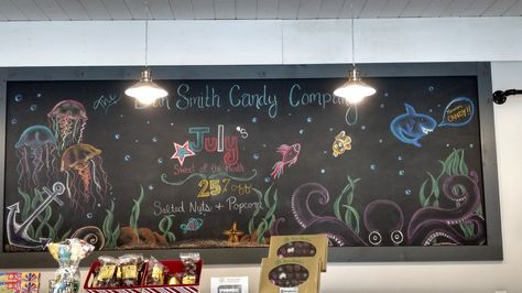 Under the sea theme chalkboard art. Sea Chalkboard Art, Under The Sea Chalkboard Art, Ocean Chalkboard Art, Underwater Chalk Art, Ocean Chalk Art, Birthday Chalkboard Art, Starbucks Chalkboard, Chalk Menu, Calendar Doodles