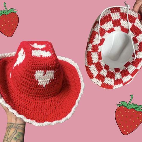 Strawberry shortcake crochet cowboy hat. Hearts... - Depop Cowboy Crochet Hat, Crochet Cowboy Hats Free Pattern, Crochet Cowgirl Hat, Crochet Heart Hat, Strawberry Shortcake Crochet Hat, Crochet Cowboy Hat Free Pattern, Crochet Cowboy Hat Pattern, Croshet Hat, College Crochet