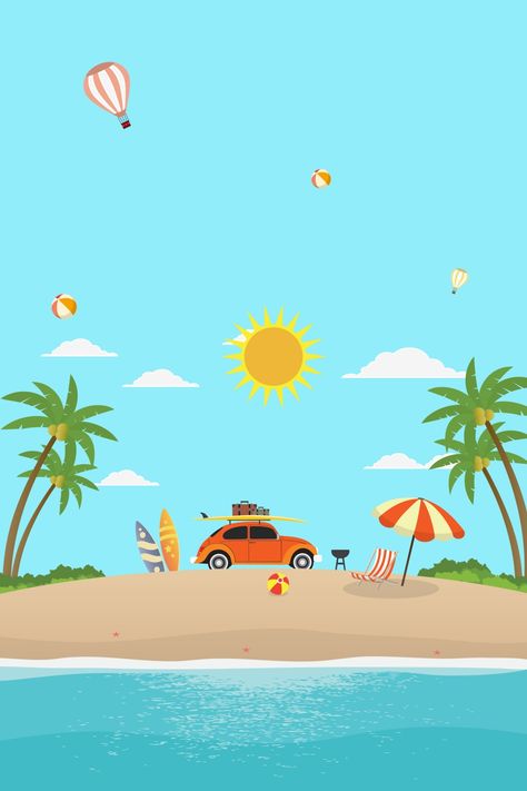 Summer Cartoon Aesthetic, Beach Cartoon Background, Summer Beach Illustration, Summer Beach Wallpaper, Travel Background, Beach Cartoon, Art Deco Ideas, Summer Images, Summer Cartoon