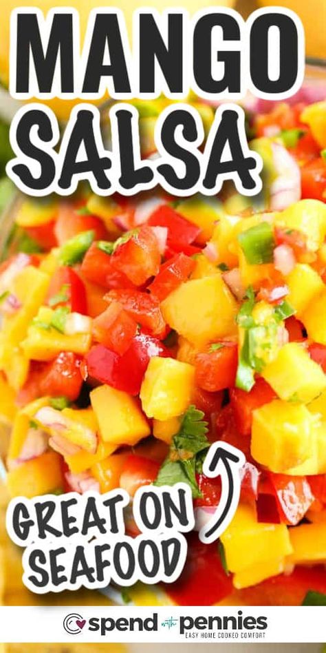 Mango Salsa is the ultimate topping for salmon or fish tacos! This colorful & flavorful salsa is ready in no time and adds the perfect amount of zing to grilled seafood. #mangosalsa #salsa #appetizer #fresh #spendwithpennies Fish Tacos Salsa, Fish Taco Salsa Recipes, Salsa For Fish Recipes, Grilled Salmon With Mango Salsa, Mango Sauce For Fish, Mango Salsa Recipe Fish, Mango Salsa Fish, Mango Salsa Tacos, Topping For Salmon