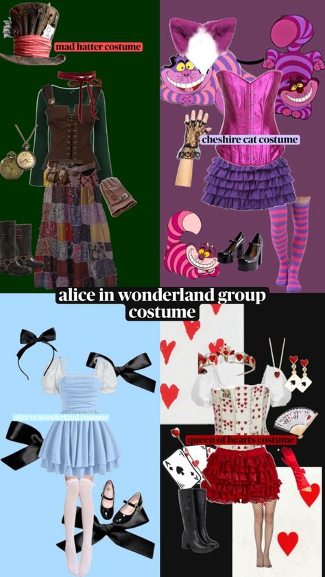 pins used made by me uploaded in halloween costume ideas on my page Alice In Wonderland Group Costume, Wonderland Group Costume, Cheshire Cat Costume, Mad Hatter Costume, Alice Costume, Queen Of Hearts Costume, Alice In Wonderland Costume, Wonderland Costumes, Group Costumes