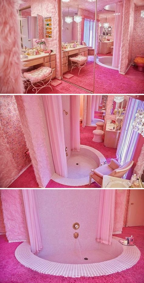 Bathroom With Carpet, Pink Aesthetic Interior Design, Carpet In Bathroom, Lush Bathroom, Pink House Aesthetic, Carpeted Bathroom, Y2k Bathroom, Crazy Bathroom, Tiny Tub