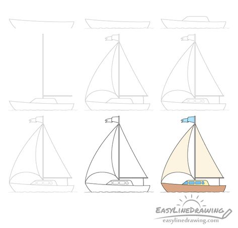 How to Draw A Boat Step by Step - EasyLineDrawing Small Boat Drawing, Sailboat Drawing, Boat Sketch, Drawing 101, Simple Boat, Artwork Diy, Landscape Steps, Sketch Free, Boat Drawing