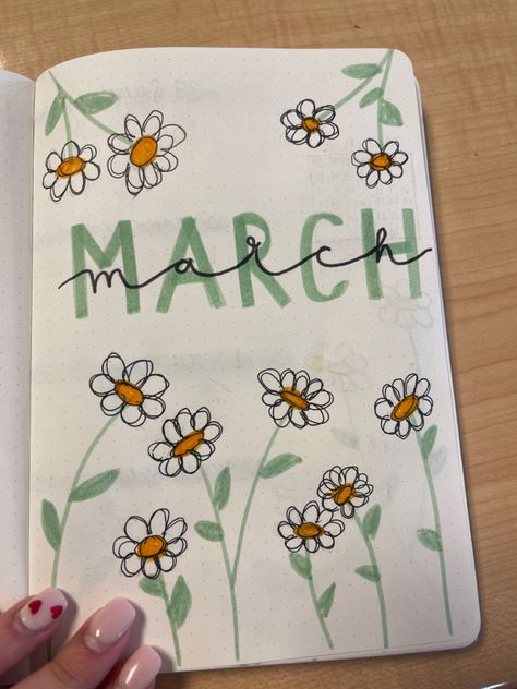 flower bullet journal title page Flower Notes Ideas, Planer March, March Diary Ideas, Notebook Title Page Ideas School, Aesthetic Title Page Ideas, May Title Page Bullet Journal, Journal Design Ideas Notebooks, Scrapbook Title Page Ideas Aesthetic, Title Journal Ideas