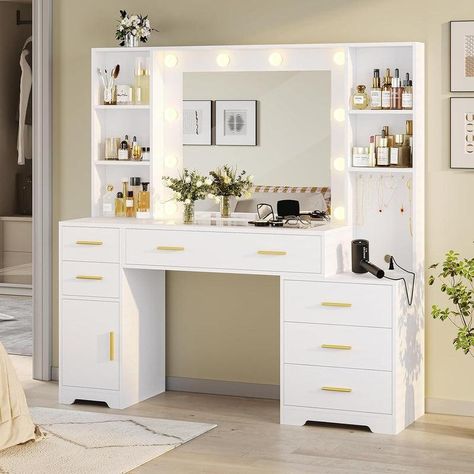 Sikaic 48.8 Inches Large Makeup Vanity Desk With Lighted Mirror & Power Outlet Glass Tabletop Bedroom Dressing Table White White Makeup Vanity, Makeup Vanity Table, Vanity Benches, Dressing Table Design, Bedroom Dressing, Large Vanity, Bedroom Dressing Table, Makeup Table Vanity, Make Up Desk Vanity