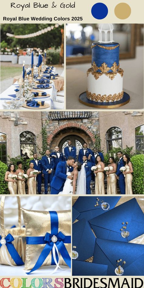 It explores the best 8 royal blue wedding color combos trends for 2025, including dark hues such as orange, burgundy, fuschia, yellow and bright green, and also light shades such as white, gold and pink etc. to give you more ideas and inspiration. Royal Blue And Rose Gold Wedding, Royal Blue And Gold Wedding Theme, Wedding Color Royal Blue, Blue White And Gold Wedding, Royal Blue Wedding Ideas, Royal Blue Wedding Decorations, Royal Blue Wedding Theme, Red Gold Wedding, Bright Wedding Colors