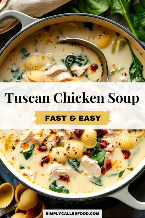 Bowl of homemade Tuscan chicken soup recipe Chicken Toscana Soup, Chicken Shell Soup, Tuscan Chicken Noodle Soup, Crockpot Tuscan Chicken Soup, Tuscan Chicken Soup Crockpot, Tuscany Chicken Soup, Chicken Tuscan Soup, Creamy Tuscan Chicken Soup, Easy Tuscan Chicken