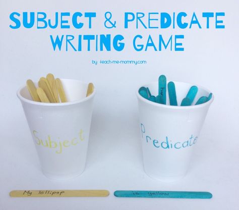 I made this Subject & Predicate Writing Game from craft sticks as a fun way to show the students that every sentence need a subjects and a predicate.       I made the sentence options very simple, but one can add more to it for older students, eg. adding adjectives or adverbs. How to … Subject Predicate Activities, Subject And Predicate Games, Simple Subject And Predicate, Noun Games, Writing Themes, Subject Predicate, Teaching Kids To Write, Grammar Games, Simple Subject