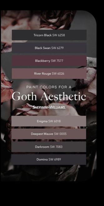 Witchy Boho Color Palette, Dark And Moody Color Palette Home, Color Palette For Grey Walls, Witchy Home Paint Colors, Goth Room Painting Ideas, Moody Victorian Paint Colors, Soft Goth Autumn Bedroom, Mauve Gothic Bedroom, Pastel Goth Living Room Ideas