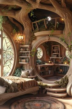 Tree House Room Ideas, Elven Bedroom Middle Earth, Cozy Bedroom Library, Elven Aesthetic Home, Fairy Home Interior, Cozy Treehouse Interior, Magical Cottage Interior, Hobbit House Interior Inspiration, Treehouse Aesthetic Inside